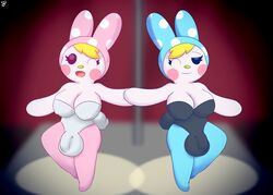 2017 animal_crossing anthro big_breasts blush breasts bulge bunny_costume chrissy_(animal_crossing) cleavage clothed clothing costume dickgirl duo francine_(animal_crossing) furfireburst futa_only futanari group hair hi_res intersex lagomorph long_ears mammal nintendo open_mouth penis_outline playboy_bunny rabbit sibling sisters smile video_games