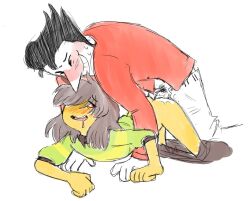 2022 ambiguous_gender ass axeyopissum black_hair blush brown_hair clothed clothing creature darkner deltarune deltarune_chapter_2 hair hair_between_eyes hair_over_eyes human humanoid intersex kris_(deltarune) lightner male male_penetrating male_penetrating_intersex moan penis semi_nude sex simple_background simple_shading sketch spamton_g_spamton undertale_(series) white_body yellow_body