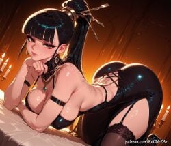 1girl 2026 ai_generated anime arm_strap ass backless_outfit bangs bare_shoulders black_dress black_hair black_thighhighs blunt_bangs boobs breasts brown_eyes buttocks candle cleavage closed_mouth crossover dress earrings eve_(stellar_blade) eye_contact female female_focus garter_straps hair_accessory hair_ornament highres huge_breasts jewelry large_breasts lips long_hair looking_at_viewer necklace neutral_expression nsfw patreon patreon_username ponytail rognezart seductive_smile shift_up side_slit smile smiling solo stellar_blade thighhighs very_long_hair