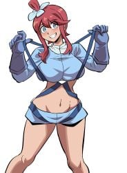 big_breasts blue_eyes blue_gloves blue_shirt blue_shorts blush blush_lines blushing breasts commentary_request crop_top dinoyhs feet_out_of_frame female game_freak gloves grin groin highres holding_strap korean_commentary large_breasts long_hair long_sleeves lowleg lowleg_shorts midriff navel nintendo pokemon pokemon_bw red_hair shirt short_shorts shorts simple_background skyla_(pokemon) smile solo standing straps thick_thighs thighs thin_waist white_background wide_hips