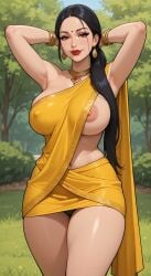 1girls ai_assisted ai_generated areola_slip areolae armpit_crease armpits arms_behind_head bangle belly_button bindi black_hair cel_shading earrings erect_nipples_under_clothes female female_only grok hair_over_shoulder hair_strand hourglass_figure indian indian_clothes indian_female lipstick long_hair medium_breasts nature_background necklace nipple_bulge nipple_slip outdoor_background outdoors panties_peek rgomez007 saree sari seductive_look self_upload sideboob skimpy skimpy_clothes smiling_at_viewer solo_female stable_diffusion thick_eyelashes thick_lips thick_outline tied_hair traditional_clothes warm_colors warm_lighting yellow_clothing