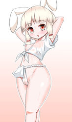 animal_ears blush breasts bunny_ears erect_nipples female fundoshi humanoid japanese_clothes lagomorph loincloth looking_at_viewer mammal nipples omochi pink_eyes plump_labia pose pussy pussy_juice raised_arm see-through simple_background skimpy small_breasts solo translucent white_hair yamakasa