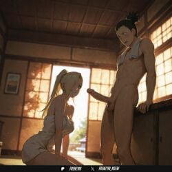 1boy ai_generated arm_support black_hair blonde_hair blue_eyes blurry blush breasts completely_nude erection facial_mark female frenzyai hair_over_one_eye indoors ino_yamanaka large_breasts long_hair looking_at_another naked_towel nara_shikamaru naruto naruto_(series) naruto_shippuden navel nude open_mouth penis ponytail sitting smile standing straight testicles towel towel_around_neck uncensored window
