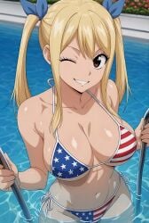 1female 1girls ai_generated american_flag_bikini bikini blonde blonde_female blonde_hair brown_eyes fairy_tail female female_focus female_only hourglass_figure looking_at_viewer lucy_heartfilia narrow_waist pool poolside smile solo solo_female tagme wide_hips
