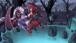 3girls anal armor ass balls black_hair bodysuit breasts demimond23 demon diana_(league_of_legends) dickgirl dota_2 double_penetration elise_kythera_zaavan futa_on_female futanari gloves grey_skin hair horns intersex league_of_legends long_hair moaning nipples penetration pussy queen_of_pain red_eyes red_hair skin_tight succubus testicles topless torn_clothes vaginal_penetration water white_hair wings wrist_grab