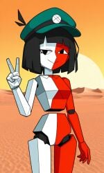 1girls ai_generated black_hair cap cap_only desert ena ena_(dream_bbq) ena_(series) hat hat_only nude outdoor_nudity peace_sign polygonal pussy red_body smile solo white_body