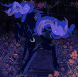 2015 alicorn anus ass blue_hair blush clearing clitoris closed_eyes equine female flower forest friendship_is_magic ghost-town grass hair horn horse mammal mane my_little_pony night one_eye_closed plant pony presenting princess_luna_(mlp) pussy solo star tree vines wings wink