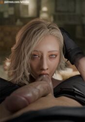 3d 3d_(artwork) 3d_model 3d_render balls balls_sucking blonde_female blonde_hair blue_eyes eye_contact female grace_ashcroft grace_ashcroft_(julia_pratt) hand_on_head leon_s._kennedy leon_scott_kennedy licking licking_balls looking_at_partner looking_at_viewer partial_male pov_eye_contact pov_male resident_evil resident_evil_9:_requiem sucking_balls wet_penis wet_skin wtfsths