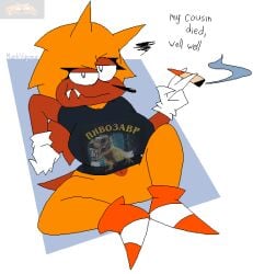 1female 1girls 2d angry annoyed bacon2 big_breasts big_thighs cigarette clothing female furry furry_only gloves hedgehog hedgehog_girl humanized markvapeur orange_shoes pixel_art pizza_tower rule_63 russian_text sharp_ears sharp_teeth shoes simple_background sitting skatenic solo tagme text what's_shakin'_bacon? white_gloves