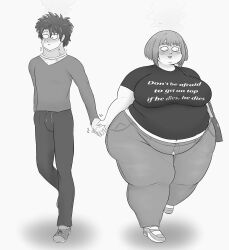 aged_up bbw blush buttybutter chubby chubby_female double_chin fat fat_girl fupa hand_holding huge_ass huge_breasts huge_thighs izuku_midoriya my_hero_academia my_hero_academia_(finale) obese obese_female ochako_uraraka scar text_on_clothing weight_difference weight_gain
