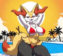 1anthro 1female 1girls 1woman ai ai_generated anthro anthro_only armpits beautiful big_breasts bikini bikini_bottom bikini_only bikini_top braixen breasts canid canine canis clouds day dipstick_tail ears female female_fox female_only fox fox_ears fox_girl frosting.ai fur furry game_freak generation_6_pokemon hands_above_head hands_behind_head kneeling kneeling_female kneeling_on_floor kneeling_on_ground looking_at_viewer nintendo nipple_outline non-nude orange_sky palm_tree palm_trees palms pointy_ears pokemon pokemon_(species) pool pool_background pool_chair poolside red_bikini red_bikini_bottom red_bikini_only red_bikini_top red_eyes red_pupils sexy sfw smile smiling snout solo stick sun sunset tail thick_thighs thighhighs thighs tummy two-tone_body two-tone_fur two-tone_tail vixen water white_fur woman woman_only woman_solo yellow_fur yellow_legs