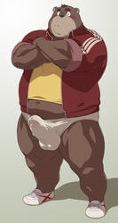 1boy 2014 anthro bear belly blush bulge clothed clothing crossed_arms cum_stain erection erection_under_clothes eyebrows footwear gradient_background hair_tuft half-closed_eyes jacket looking_at_viewer low_res magma00_(artist) male male_only mammal midriff musclegut muscles navel shirt shoes simple_background solo standing thick_eyebrows underwear