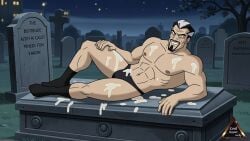 abdomen ai_art ai_generated bara black_socks bodybuilder briefs cartoon_character cemetery city city_background class_of_the_titans coffin cronos cronus cum daddy dilf evil_grin flexing_muscles gay god graveyard greek_mythology laying_down laying_on_back laying_on_side manly muscles night night_sky pale-skinned_male pale_skin smile speedo underwear villain