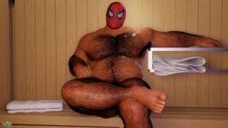 1boy 3d 3d_(artwork) arm_hair armpit_hair bara belly_hair body_hair chest_hair chubby chubby_male crossed_legs fully_naked fully_naked_male fully_nude fully_nude_male hairy_armpit hairy_arms hairy_belly hairy_body hairy_chest hairy_legs leg_hair male male_only marvel masked masked_male naked naked_male no_visible_genitalia nude nude_male peter_parker rikkisrenders sauna seated solo solo_male spider-man spider-man_(series) sweaty sweaty_body sweaty_male