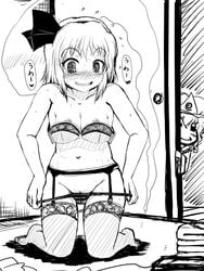 2girls akatuki_(yamina) bra breast_conscious collarbone embarrassed garter_belt garter_straps hairband kneeling lace lace-trimmed_bra lace-trimmed_thighhighs lingerie looking_at_viewer monochrome multiple_girls navel nipple_slip nipples oversized_clothes panties panty_pull peeping pussy short_hair sketch smile solo_focus thighhighs touhou underwear underwear_only undressing youmu_konpaku yuyuko_saigyouji