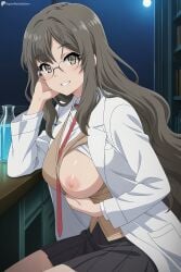 ai_generated bangs black_skirt breasts brown_eyes brown_hair digitalwaifugallery eyebrows_visible_through_hair female female_only full_moon glasses hi_res high_quality high_resolution jacket labcoat large_breasts long_hair long_sleeves looking_at_viewer moon necktie night nipples open_clothes patreon pleated_skirt red_neckwear seductive seishun_buta_yarou_wa_bunny_girl_senpai_no_yume_wo_minai sexy shirt sitting skirt smile solo uncensored watermark wavy_hair white_shirt