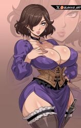 1girls absurdres artist_name black_choker blannis_art breast_tattoo breasts brown_background brown_eyes brown_hair brown_sash brown_thighhighs choker cleavage collarbone covered_erect_nipples dress earrings eyebrows eyelashes eyeshadow female female_focus female_only fingernails gem hair_over_one_eye hand_on_own_chest hand_on_own_hip highres jewelry knife large_breasts lips long_fingernails looking_at_viewer makeup matching_hair/eyes mature_female medium_hair nail_polish octopath_traveler octopath_traveler_2 octopath_traveler_ii parted_lips pelvic_curtain pink_eyeshadow pink_nails purple_dress purple_gem sash simple_background solo tattoo teeth thighhighs thighs throne_anguis wide_hips zoom_layer
