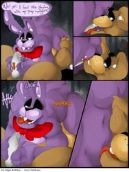 4_fingers 69 animatronic anthro bear bonnie_(fnaf) buckteeth chubby comic cum duo edgar_mcmillan five_nights_at_freddy's freddy_(fnaf) fronnie frots hat lagomorph machine male male_only mammal masturbation oral penis precum rabbit robot sex teeth text top_hat video_games yaoi