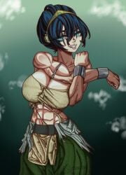1girls aged_up artist_request avatar_the_last_airbender bare_shoulders big_breasts blind breasts breasts_bigger_than_head busty clevage female female_only grin huge_breasts large_breasts massive_breasts muscular scene_reference smug solo the_legend_of_aang toph_bei_fong topless topless_female yaki_chun