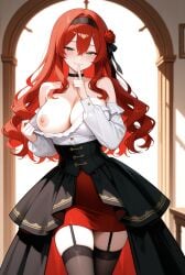 1girls ai_generated bare_shoulders black_choker black_headband black_ribbon black_stockings blouse blush breasts choker clothed clothed_female ember_paradox female_only finger_to_mouth green_eyes half-closed_eyes headband high-low_skirt indie_virtual_youtuber indie_vtuber indoors large_breasts long_hair multicolored_skirt one_breast_out one_nipple_out red_hair red_rose ribbon rose skirt smile solo_female stockings teasing virtual_youtuber vtuber white_blouse