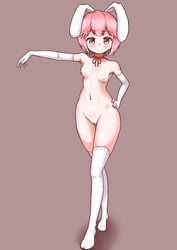 abstract_background animal_ears blush breasts bunny_ears elbow_gloves female gloves hand_on_hip humanoid lagomorph mammal nipples nude omochi pink_eyes pink_hair pose pussy simple_background smile solo thighhighs