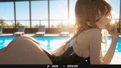 ai_generated ass back bare_shoulders black_one-piece_swimsuit blurry breasts brown_hair competition_swimsuit female female_only frenzyai goddess_of_victory:_nikke indoors long_hair lying medium_breasts one-piece_swimsuit pool poolside rapi_(nikke) sideboob solo swimsuit thighs water wet window