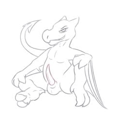 1boy aerodactyl anthro erection looking_at_viewer male male_only monochrome nintendo nude penis pokemon pokemon_rgby posexe simple_background smile solo tail testicles video_games white_background wings