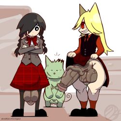 1boy 2futas animal_ears arms_crossed balls black_eyes black_necktie black_penis black_vest blonde_hair bowtie braids bulge buttons cat_ears catgirl creature crossed_arms defect_mogeko funamusea futa/futa/male futanari grey_jacket hair_over_one_eye huge_balls huge_cock huge_testicles jacket large_balls large_penis long_hair moge-ko mogeko_(species) mogeko_castle multiple_futas necktie penis penis_out red_bowtie red_eyes red_shirt red_skirt school_uniform schoolgirl shirt skirt small_penis sujeito4 testicles twin_braids veiny_penis white_pupils yonaka_kurai