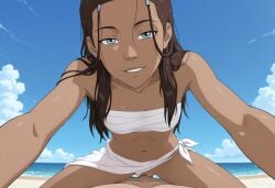 1boy 1girls ai_generated avatar_the_last_airbender beach biting_lip blue_eyes brown_hair exposed_pussy female katara leaning_forward looking_at_viewer looking_pleasured male nickelodeon nude outdoors panties_aside petite_female pov sarashi sarong sex small_breasts straddling swimwear tan_body vagina vaginal_penetration vaginal_sex wet wet_body
