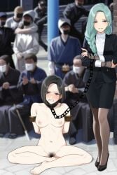 2girls ai_generated angry_expression angry_face aqua_hair arms_behind_back background_characters bitch_taken_for_walk black_hair bondage breasts business_suit business_woman chain_leash chained chains clenched_teeth clothed clothed/nude clothed_female clothed_female_nude_female completely_naked completely_naked_female completely_nude completely_nude_female dominant dominant_female domination etra-chan_saw! female female_only femdom femsub hair_braid high_heels hourglass_figure hourglass_figured_female humiliation karin_(etra-chan_saw!) leash leash_and_collar leashed_collar legs_crossed naked naked_female nipples nude nude_female outdoors perfect_body pubic_hair public_humiliation public_nudity pussy sex_slave sitting slave slave_collar slave_girl smile smiling smiling_at_viewer submissive submissive_female vagina youtube yuri yuzuriha_(etra-chan_saw!)