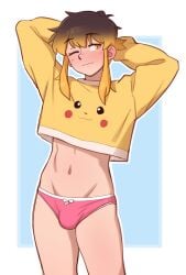 1boy amber_(dross) arms_behind_head brown_hair bulge clothing crop_top dross femboy femboy_only human jewels_(dross) male navel nonsexual pajamas pale_skin panties panty_bulge partially_clothed pikachu pikachu_shirt tagme two-tone_hair wink yellow_eyes yellow_hair yellow_highlights