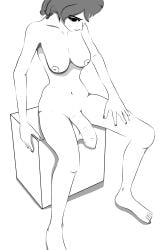 1girl big_balls futanari 1futa huge_cock huge_penis flaccid uncut uncircumcised sitting black_and_white breasts feet box big_penis huge_balls