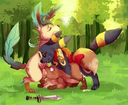 eevee eeveelution emma_the_eevee fellatio female fur furry_ears furry_tail group group_sex kipa leafeon male nintendo oral penetration pokemon pokemon_(species) qwazzy sex tail threesome umbreon vaginal_penetration video_games