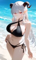 ai_generated bikini black_bikini boobs breasts demon_girl female halterneck horns multi-strapped_bikini oc original_character red_eyes roselynn_rosenthal sexy silver_hair string_bikini tits white_hair