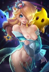 1girls 2others blonde_hair blue_eyes breasts crown dress earrings female hair_over_one_eye human long_hair looking_at_viewer luma mario_(series) medium_breasts navel nintendo nipples nude princess_rosalina pussy sakimichan solo_focus standing super_mario_galaxy