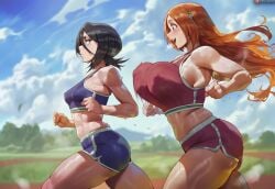 2girls ai_assisted ai_generated areolae background bare_shoulders belly_button big_ass big_breasts black_hair bleach bleach:_the_thousand-year_blood_war blue_eyes blurry blurry_background blush booty_shorts bottom_heavy bouncing_breasts breast_envy breasts brown_hair clothed clothing clouds collarbone color colored commentary curvaceous curvy curvy_female curvy_figure dark_skin dolphin_shorts duo erect_nipples excercise female female_focus female_only from_side glistening glistening_body glistening_skin hair_between_eyes hi_res huge_breasts inoue_orihime jogging kuchiki_rukia large_breasts light-skinned_female light_skin looking_at_viewer motion_blur motion_lines multiple_girls muscular muscular_female navel nipple_bulge nipples orange_hair orihime_inoue outdoors outside rukia_kuchiki running shexyo shiny shiny_body shiny_hair shiny_skin shiny_thighs short_hair side_eye sky steam steaming_breath sweat sweatdrop sweating sweaty sweaty_ass sweaty_body sweaty_breasts sweaty_butt sweaty_thighs thick thick_ass thick_butt thick_hips thick_legs thick_thighs thighs training uncensored_nipples voluptuous voluptuous_female wide_hips