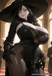 ai_generated alcina_dimitrescu black_hair blush breasts ear_piercing earrings female female_only grin hat jewelry kermixx large_breasts long_hair looking_at_viewer pantyhose piercing red_eyes resident_evil shiny shiny_skin smile solo sweat thighs