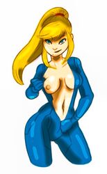 beauty_mark blonde_hair bodysuit clothes female female_only front_view human metroid nintendo samus_aran solo super_smash_bros. undressing unzipped unzipped_bodysuit unzipped_zero_suit unzipping zero_suit