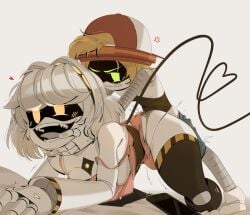 1boy 1girls anal_penetration anal_sex blonde_hair blushing boobs green_eyes heart_shaped_tail male/female monsterdude15 mouth_open murder_drones sex sharp_teeth smile tail thad_(murder_drones) v_(murder_drones) white_background yellow_eyes