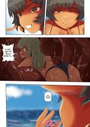 1themainman1 2girls beach bikini black_hair comic female female_only female_pred female_prey giantess imminent_vore oral_vore short_hair tagme tan tomboy unwilling_prey