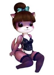 1girls :3 animal_crossing anthro catfuk123 clothing female fishnet hair_bun legwear lingerie looking_at_viewer lottie_(animal_crossing) nintendo simple_background sitting smile solo thigh_highs video_games white_background