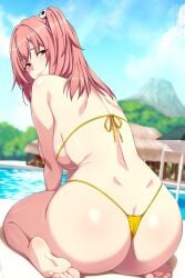 ass back barefoot bikini blue_sky breasts commentary dead_or_alive feet female female_only from_behind highres honoka_(doa) large_breasts lindaroze looking_at_viewer paid_reward_available pink_eyes pink_hair poolside sitting sky smile soles solo swimsuit toes tree wariza yellow_bikini