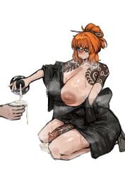 1futa big_breasts blush body_tattoo cat_nip cum embarrassed freckles futa_focus futanari huge_breasts inverted_nipples irezumi ishmael_(limbus_company) kneeling kurokumo_clan_(identity)_(project_moon) leaking_cum limbus_company looking_away one_breast_out orange_eyes orange_hair partially_clothed penis penis_tattoo project_moon solo_focus sweat sweaty tattoo thick_thighs yakuza_tattoo