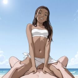 1boy 1girls ai_generated avatar_the_last_airbender beach blue_eyes brown_hair cowgirl_position exposed_pussy female katara looking_at_viewer looking_pleasured midriff navel nickelodeon nude outdoors panties_aside petite_female pov sarashi sarong sex small_breasts straddling swimsuit_aside swimwear tan_body vagina vaginal_penetration vaginal_sex wet wet_body white_swimsuit