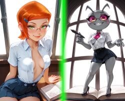 2girls ai_generated ben_10 breasts chaquetrix comparison dreamheat female glasses green_eyes grey_body grey_matter grey_skin gwen_tennyson looking_at_viewer pink_sclera red_hair school_uniform schoolgirl shirt shoes short_hair sitting skirt small_breasts smile standing tiny tiny_female unbuttoned unbuttoned_shirt white_shirt yellow_eyes