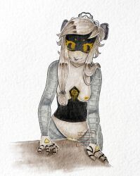aarushiiroosh bow cyn_(murder_drones) female female_focus female_only glitch_productions humping murder_drones nipples robot robot_girl robot_humanoid table tounge_out vagina vaginal_fluids white_hair yellow_eyes yellow_nipples yellow_pussy