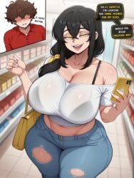 1boy 1boy1girl 1girls 2025 ai_generated big_breasts black_hair blush brown_hair child_bearing_hips dialogue el_memc female huge_breasts hyper_breasts looking_at_viewer looking_pleasured male male/female memch0 milf mommy mother musk musk_clouds nervous oc original original_character ripped_clothing see-through see-through_clothing shopping soledad_(memch0) sweat sweatdrop sweating sweaty text thick_thighs thunder_thighs torn_clothes torn_clothing yellow_eyes