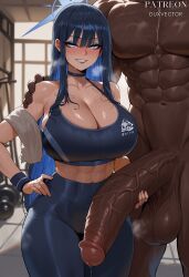 1boy abs ai_generated alternate_costume arm_around_shoulder bare_shoulders black_choker black_hair black_pants black_sports_bra blue_archive blue_eyes blue_eyeshadow blue_hair blue_sports_bra blush breasts breath choker cleavage clothed_female_nude_male clothing collarbone dark-skinned_male dark_skin duxvector erection female grin gym halo hand_on_another's_shoulder hand_on_own_hip head_out_of_frame high-waist_pants huge_breasts huge_cock huge_testicles interracial large_breasts large_penis large_testicles leggings long_hair looking_at_viewer makeup male multicolored_hair muscle muscular muscular_male navel nude pants patreon_username penis penis_grab precum saori_(blue_archive) smile solo_focus sports_bra sportswear steaming_body stomach straight sweat sweatband testicles thick_thighs thigh_gap thighs towel veins veiny_penis very_dark_skin wristband yoga_pants