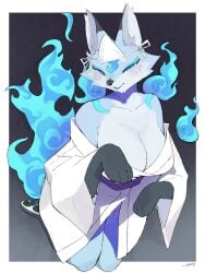 1girls anthro big_breasts blue_eyes blush canid canine cleavage female female_only fox fur furry hi_res kimono kneeling looking_at_viewer narrowed_eyes sme4 smiling smiling_at_viewer solo will-o-wisp youkai yuurei_(kame_3)