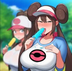 2girls blush cap clothed clothing female female_only hilda_(pokemon) licking_popsicle looking_at_viewer melting_popsicle pokemon popsicle popsicle_melting rosa_(pokemon)